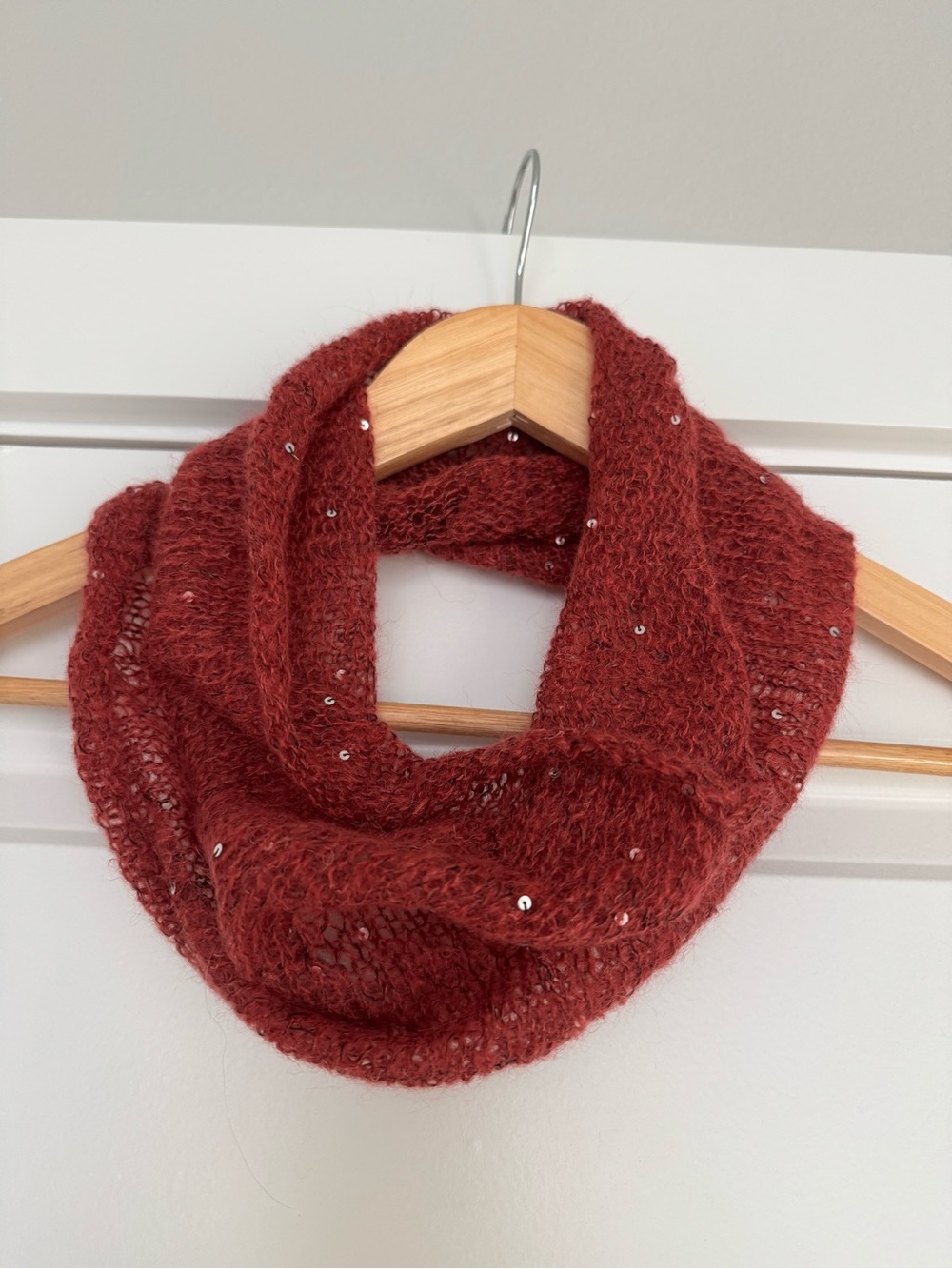 Rust Red Sequin Hand Knit Infinity Scarf
